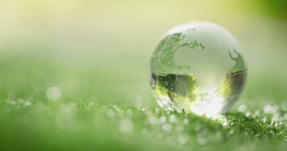 Close up of crystal globe resting on grass in a forest – environ