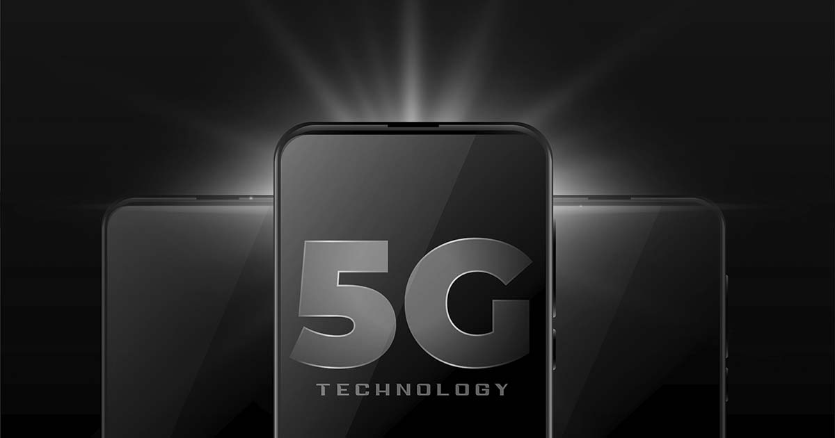 5g wireless internet technology with realistic smartphone mobile
