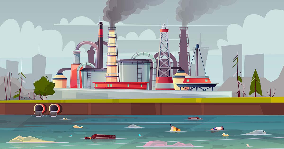 Vector ecology concept. Water pollution. Factory plant.