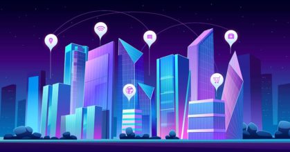 Smart city and infographic icons at night