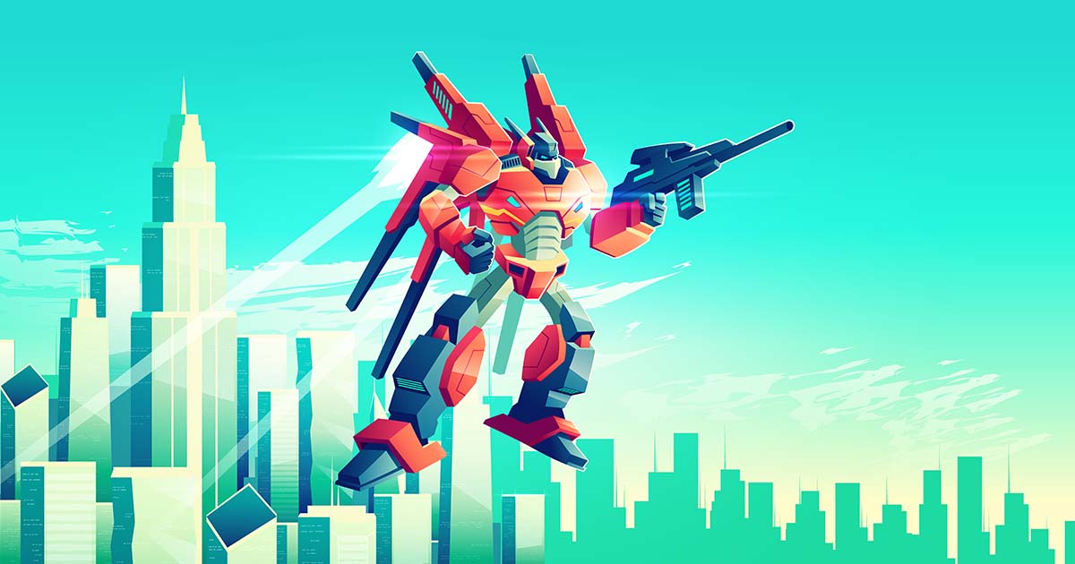 Alien warrior, armed transformer robot flying in sky under modern metropolis skyscrapers, patrolling, attacking enemies with plasma gun illustration. Future army technologies. Game art background